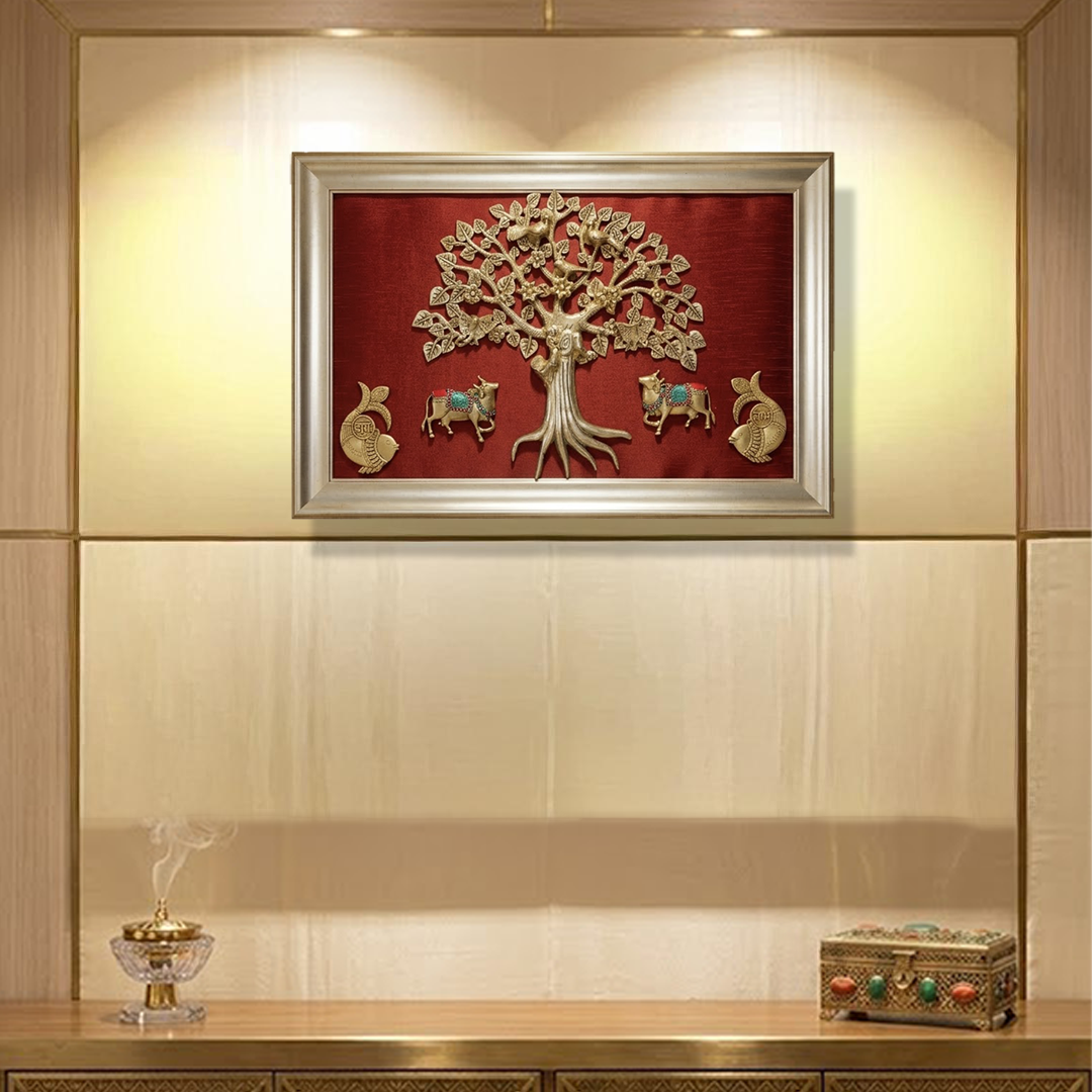 Load video: Brass Kalpavriksha Tree Wall Art with Kamadhenu Cows, Shubh Labh & Kuber β Wine Red Silk backdrop Luxury Frame