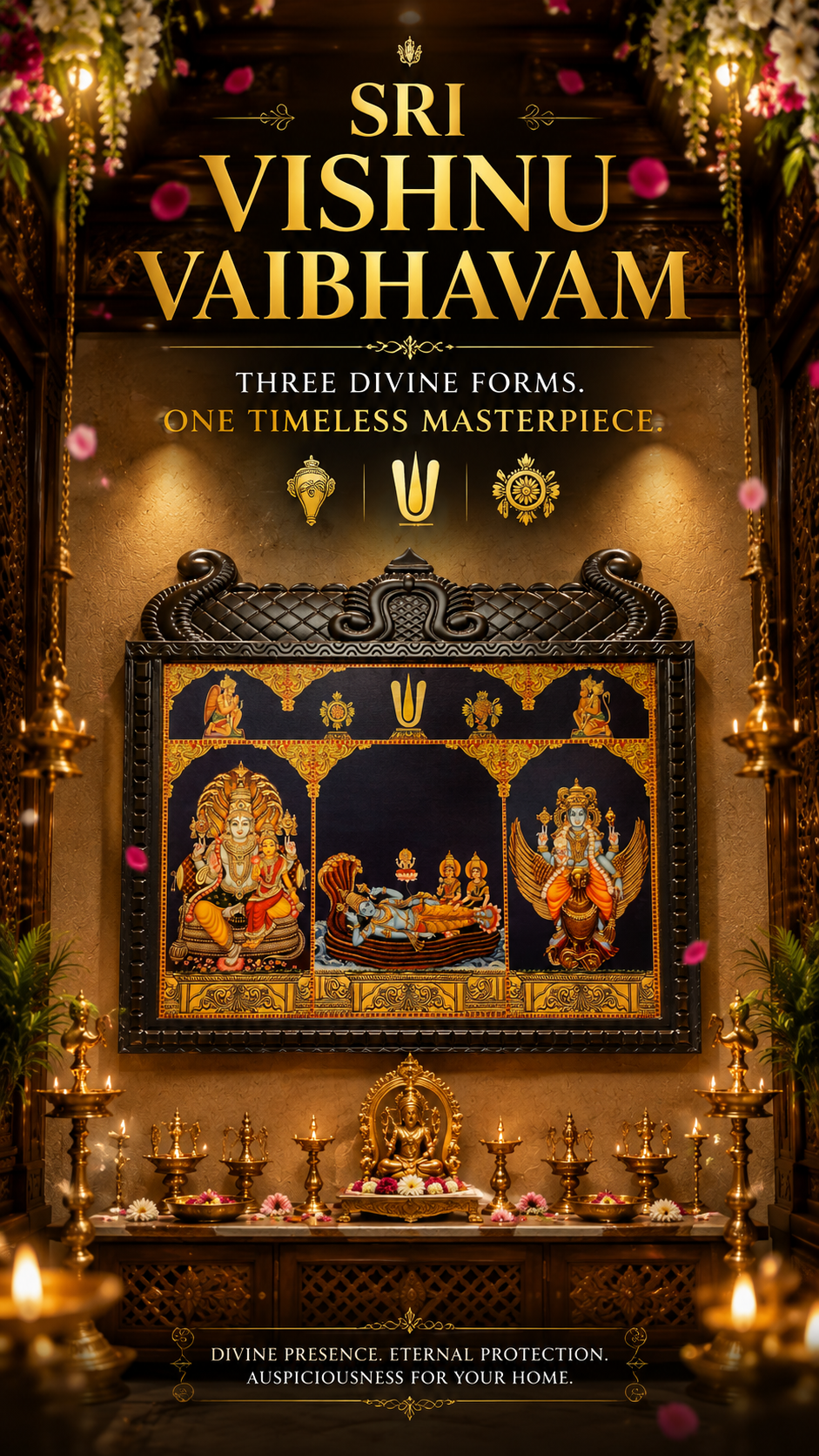Load video: Sri Vishnu Vaibhavam – Gold Leaf Art of Vishnu & Lakshmi, Ranganathar with Sridevi & Bhudevi, and Garuda in a Temple-Engineered Wooden Frame