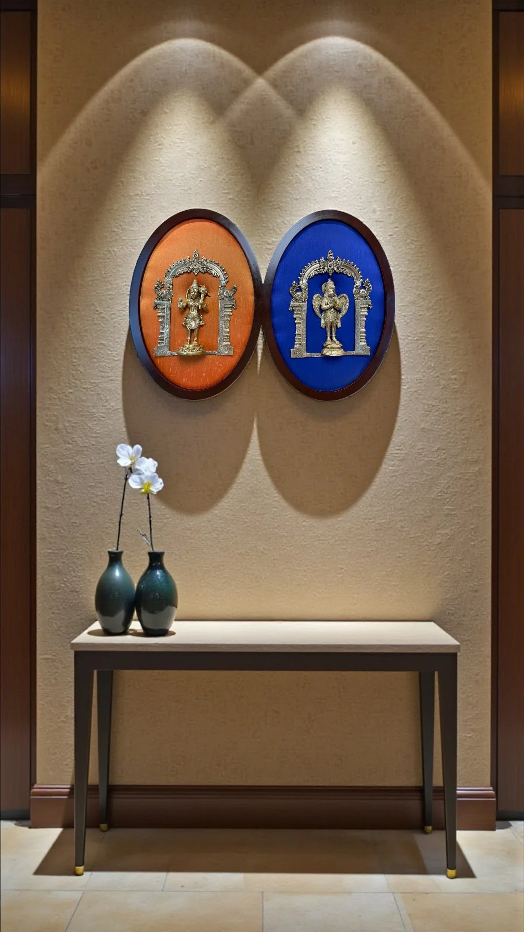 Load video: Brass Hanuman & Garuda Wall Art Frame with Silk Backdrop