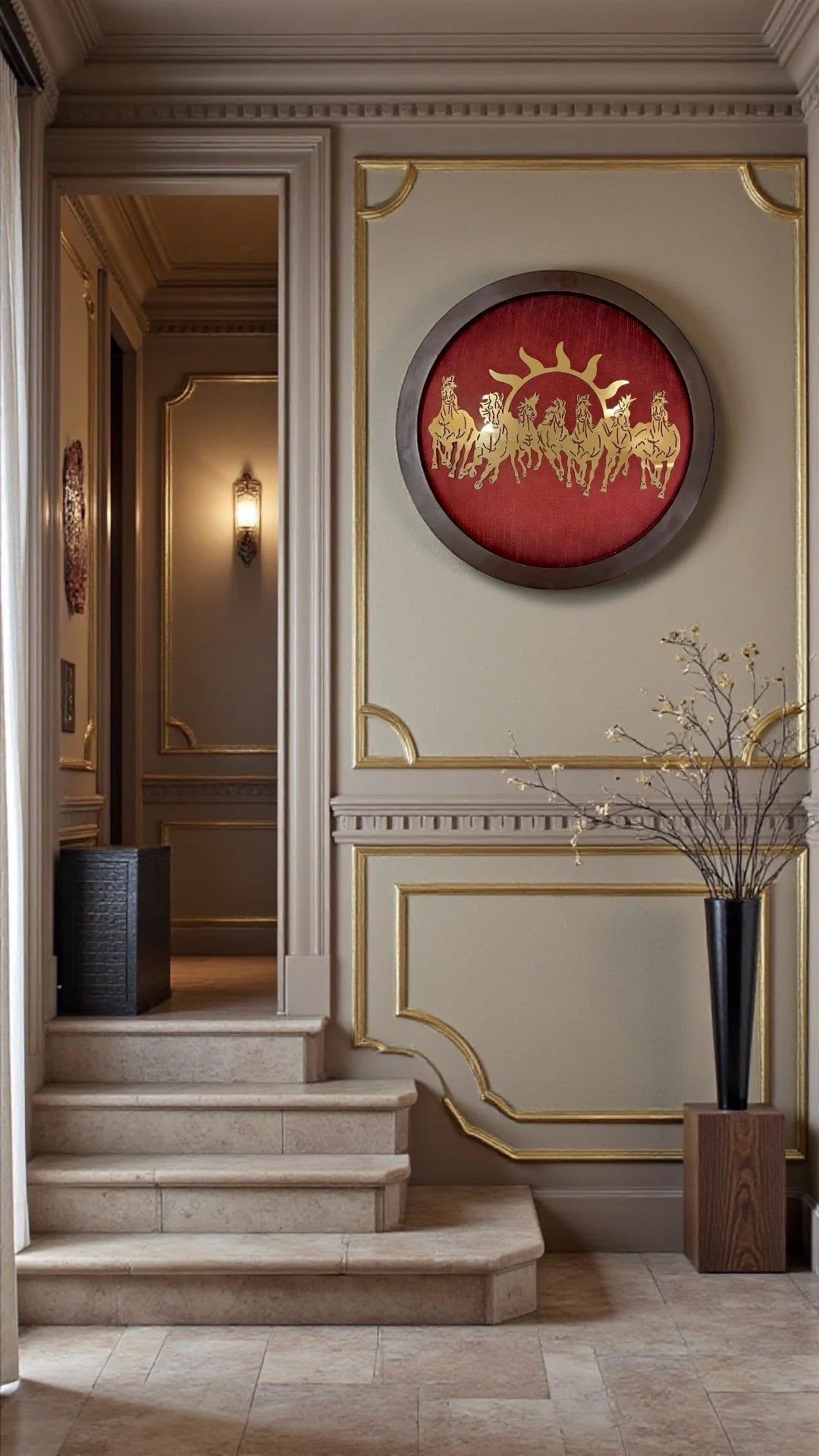 Load video: Titanium Metal 7 Running Horses Wall Art – 15 Inch Round Frame with Red Silk Backdrop | Luxury Living Room & Office Decor