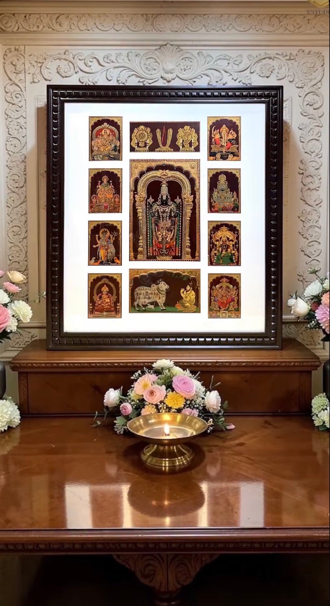 Load video: 10 Gods in 1 Gold Leafed Pooja Room Frame | Large All-In-One Religious Photo Frame of 10 God & Goddess, Customization