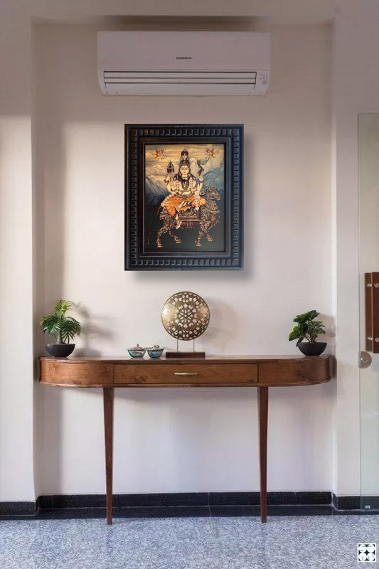 Shiva blessing seated on Vahan Nandi Gold Leafed Art With Wooden Frame