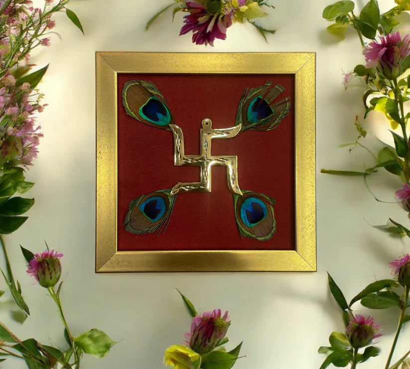 “Brass Swastik with Peacock Feathers: A Vastu-Approved Symbol of Positivity and Prosperity”