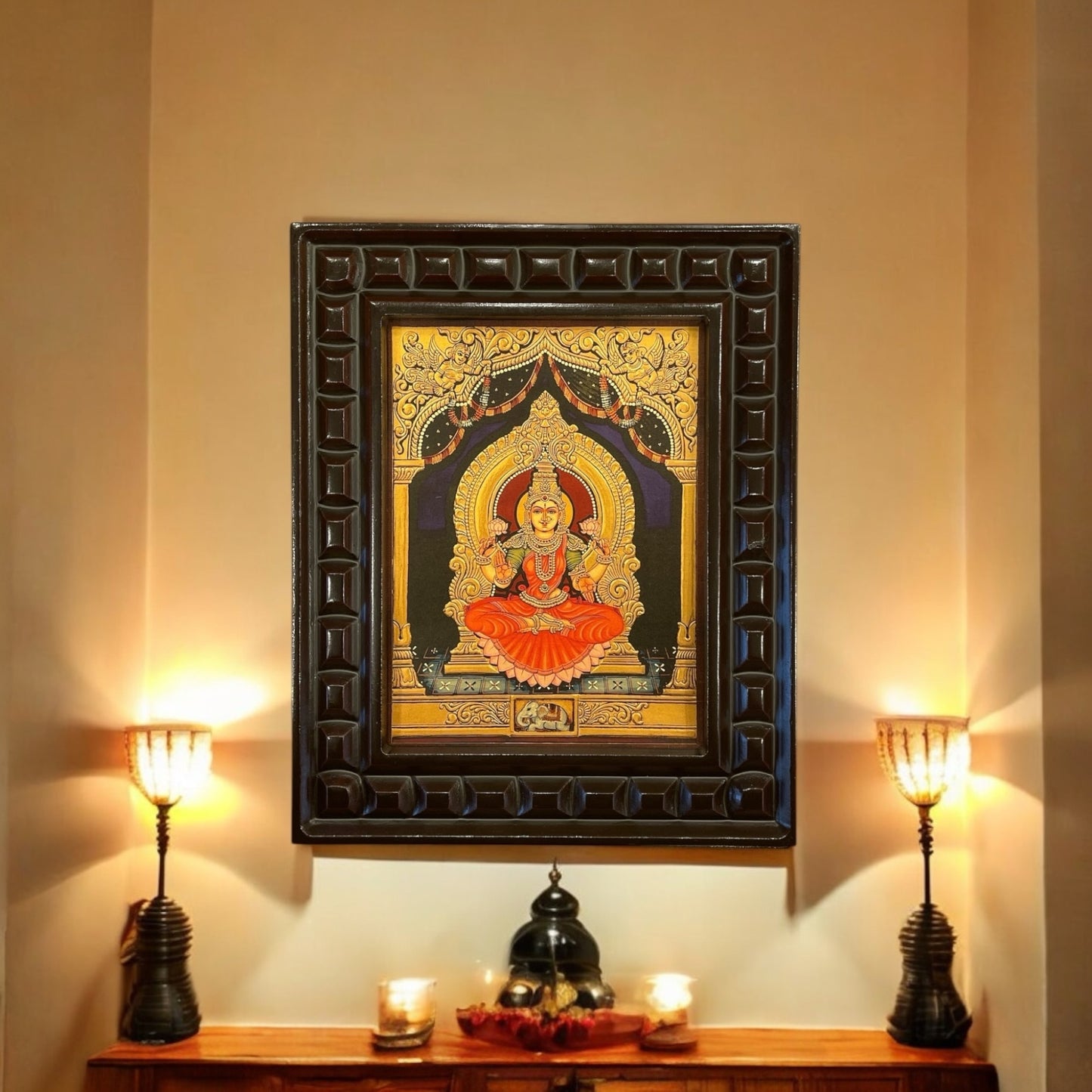 Shree Lakshmi 3 (Red Saree) Gold Leafed Art within Wooden frame