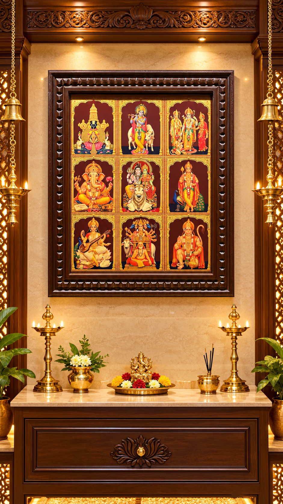 9 Gods in One Frame Gold Leaf Art, Engineered Wooden Pooja Frame | Made by Estudio