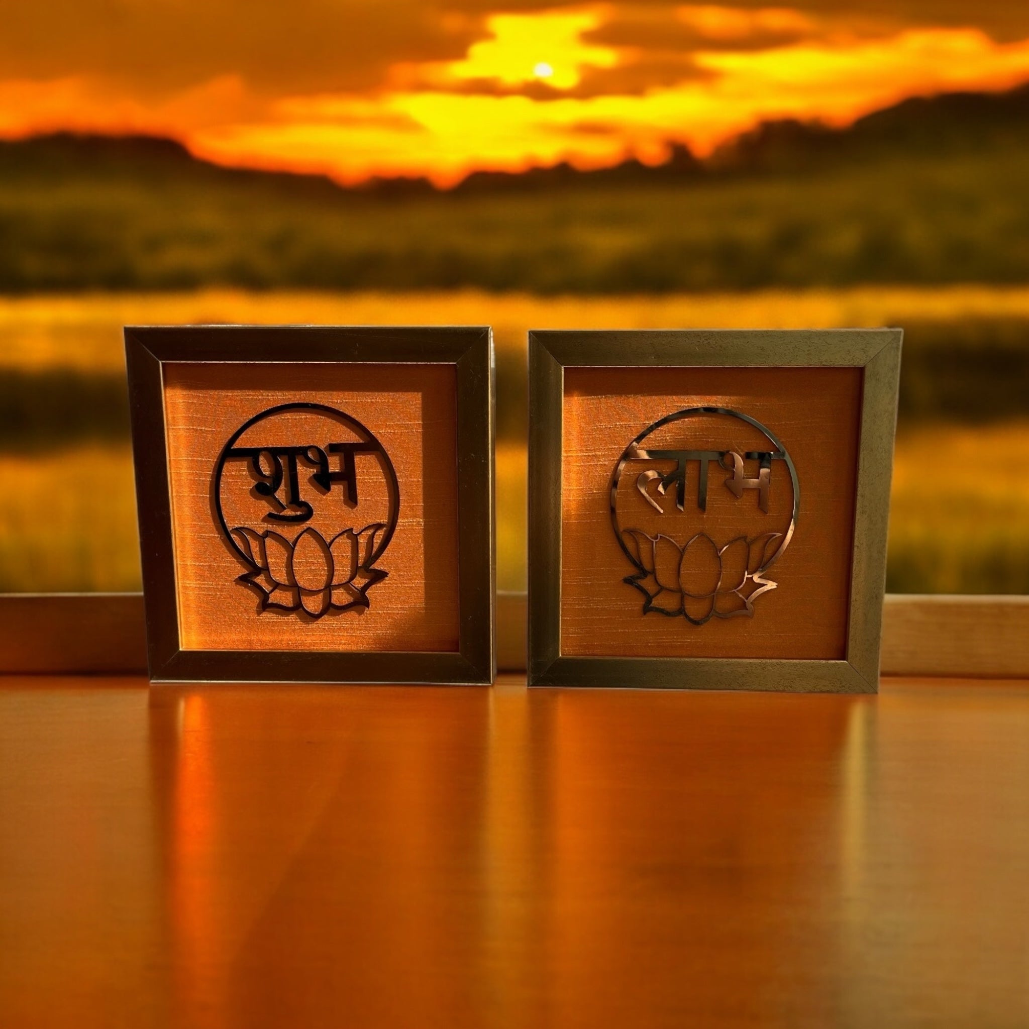 Shubh Labh metal brass with orange silk backdrop - resin gold frame