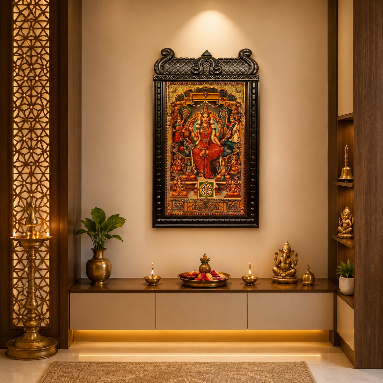 Lalitha Tripura Sundari Gold Leaf Art | Engineered Wooden Temple Frame | Pooja Room Wall Art