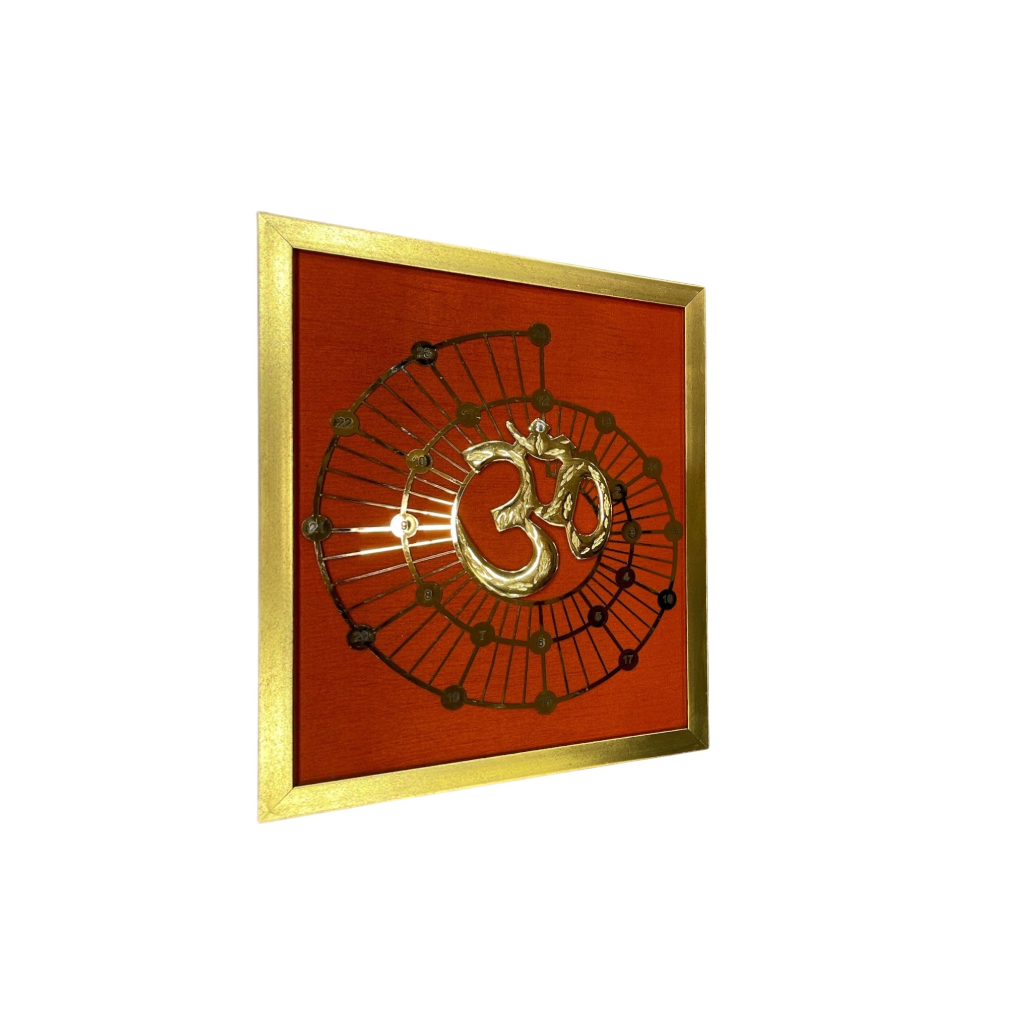 Brass Om & Fibonacci with Red silk in gold frame