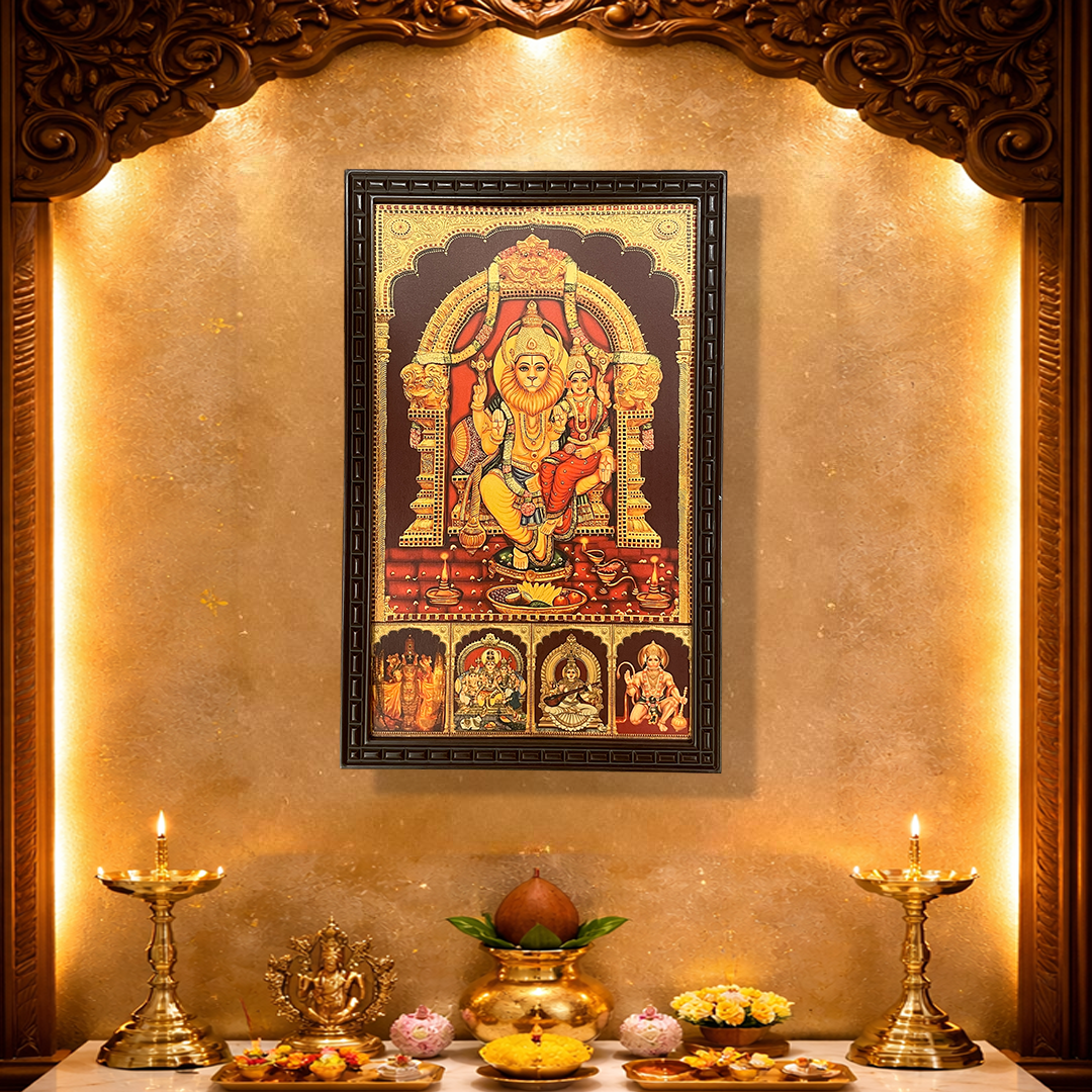 Lakshmi Narasimha with Shiva Parivar, Saraswathi & Hanuman Framed Photo | Divine Panchadevata Wall Art | Premium Pooja Frame