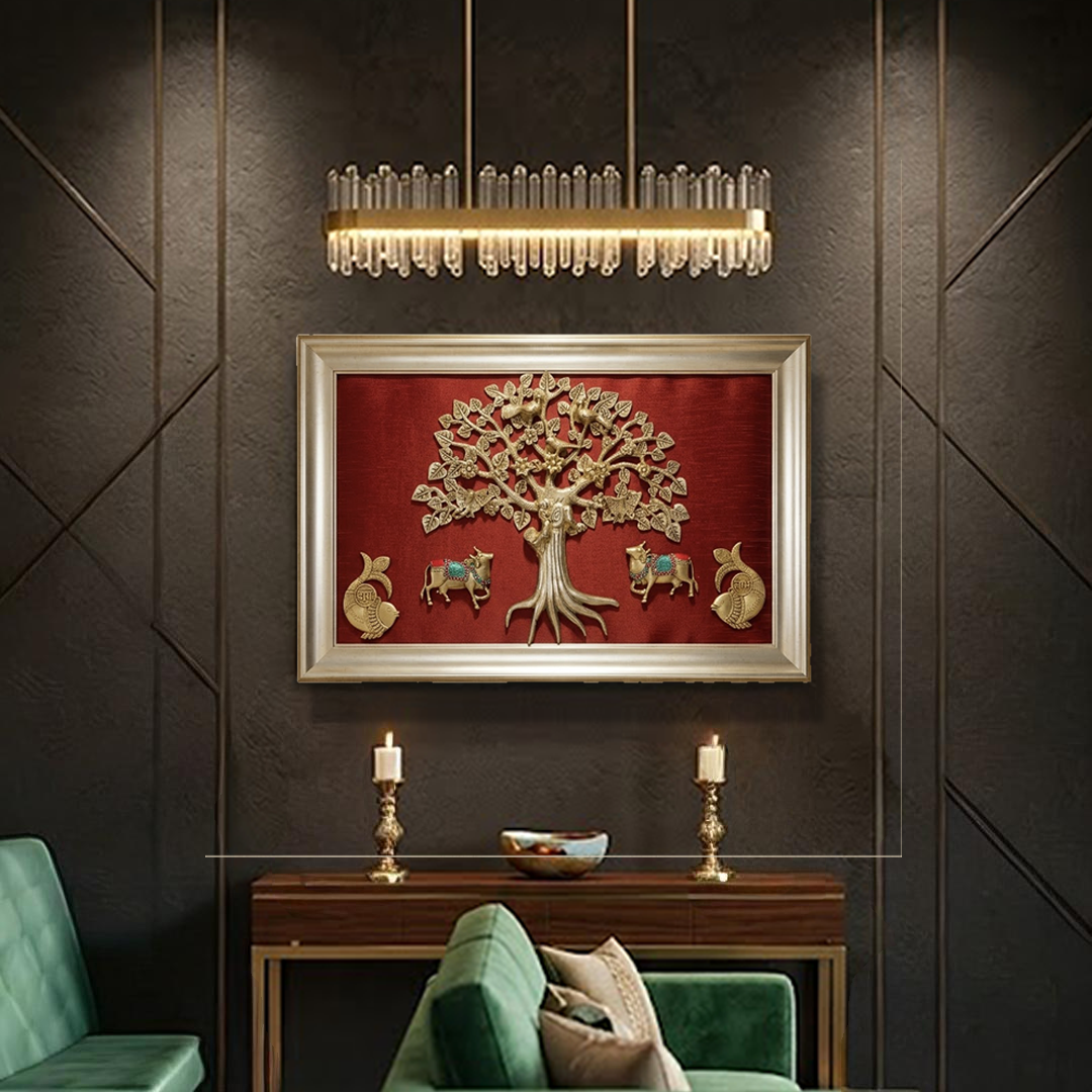 Brass Kalpavriksha Tree Wall Art with Kamadhenu Cows, Shubh Labh & Kuber – Wine Red Silk backdrop Luxury Frame
