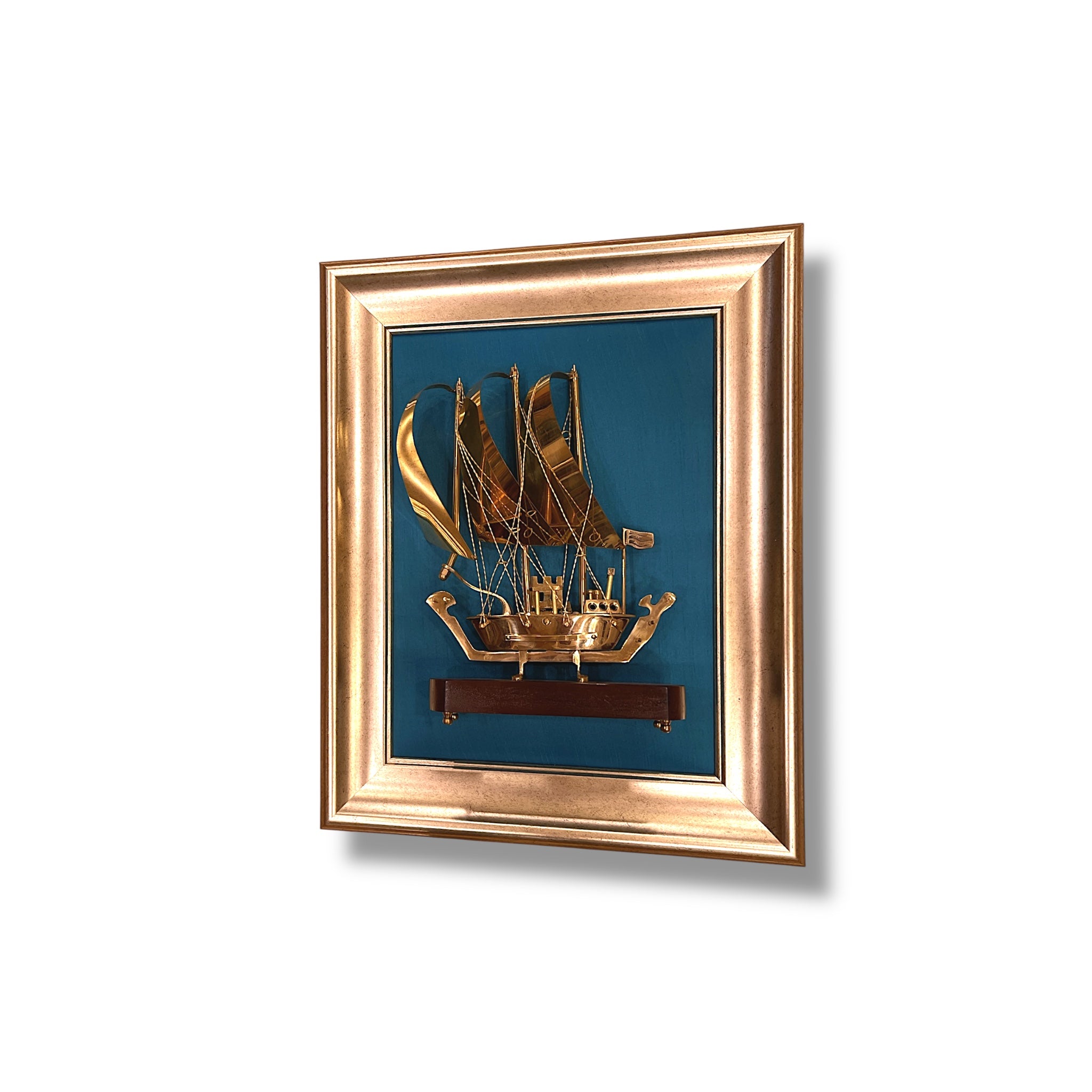 Brass Ship with Blue Silk in Moulded Frame