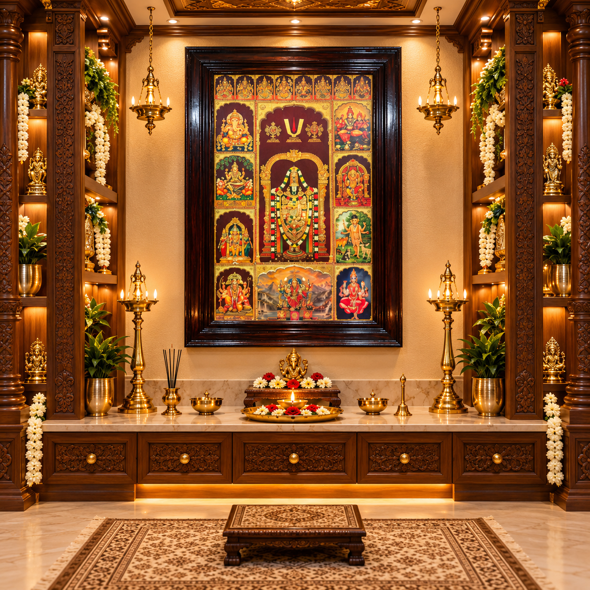 10 Gods in One Frame with 8 Ashtalakshmi | Gold Leaf Artwork in Premium Rosewood Frame | Made by Estudio