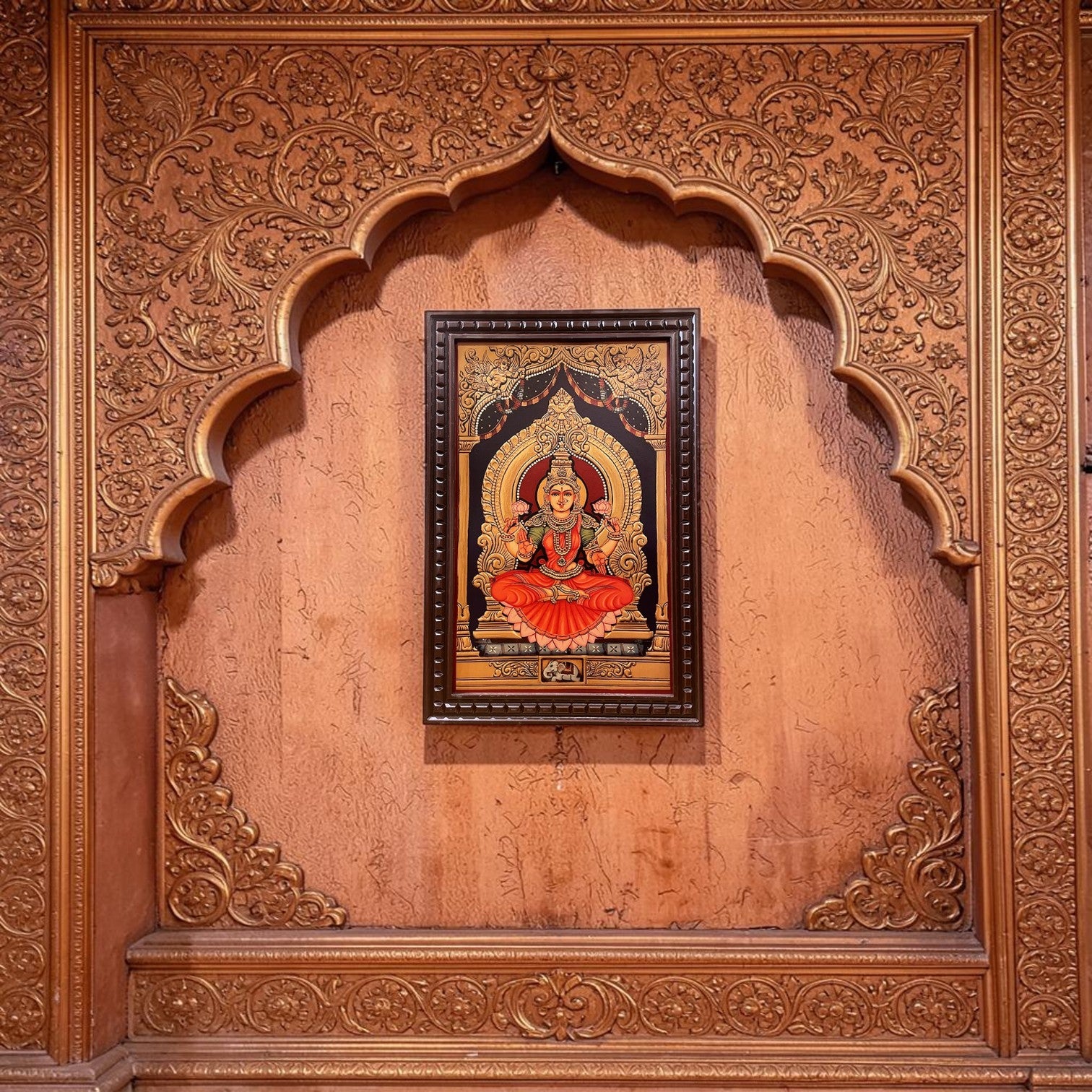 Mahalakshmi Wooden Frame for Pooja Room | Premium Silk Background Wall Decor for Wealth & Prosperity