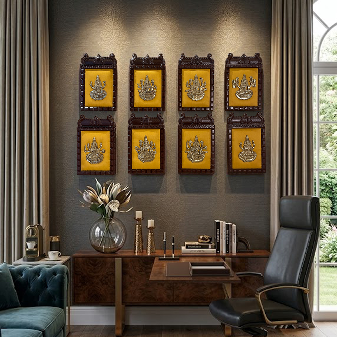 Ashtalakshmi Brass Wall Art with Golden Silk Backdrop – Sacred Décor for Homes &amp; Workspaces