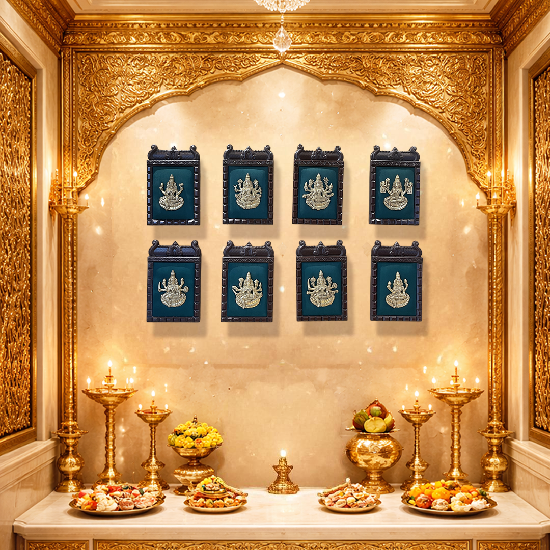 Ashtalakshmi brass wall art – Set of 8 | Green silk backdrop | Sacred home decor