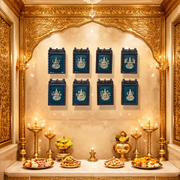 Ashtalakshmi brass wall art – Set of 8 | Green silk backdrop | Sacred home decor