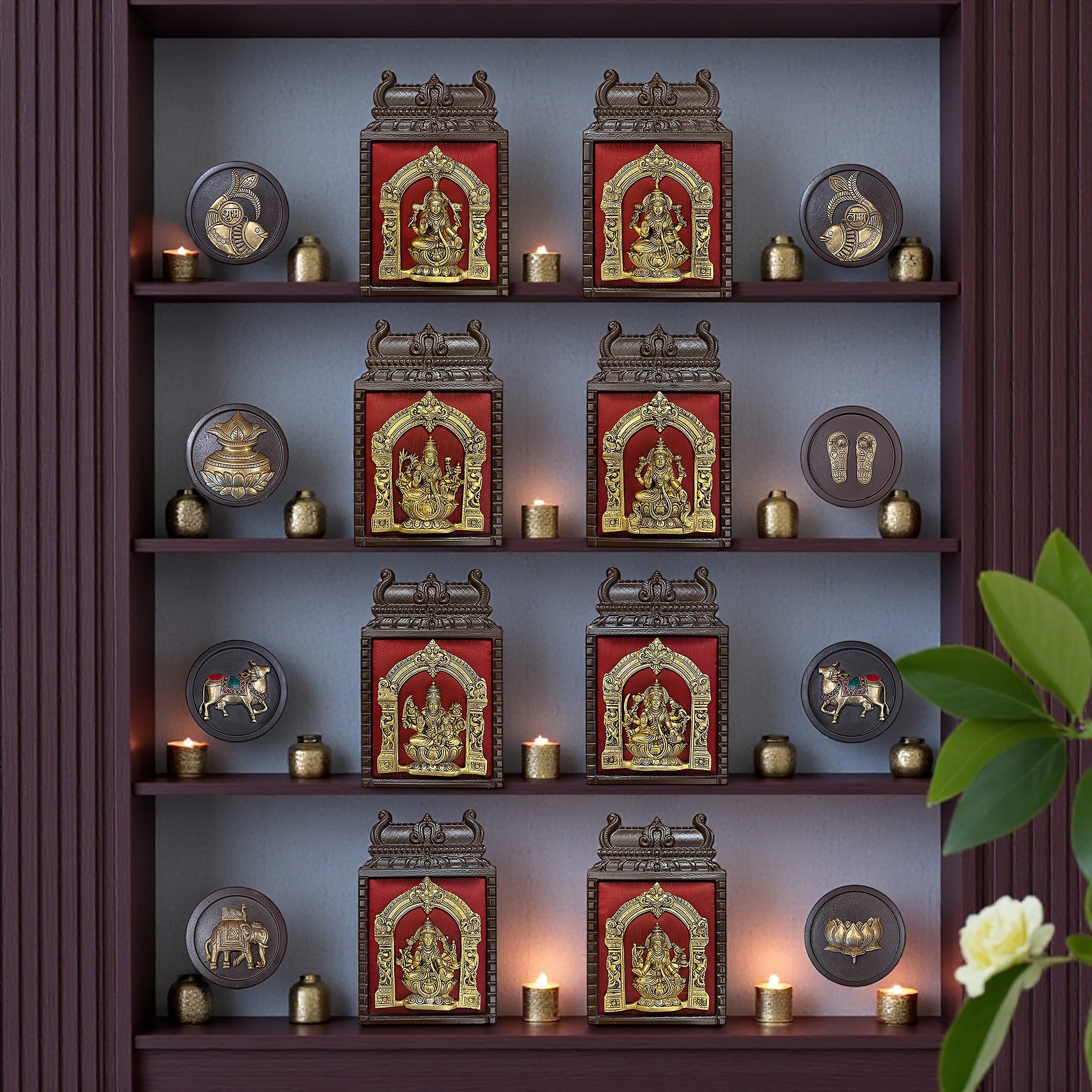 Brass Ashtalakshmi on Maroon Red Silk with 8 Sacred Elements in Temple Wooden Frame