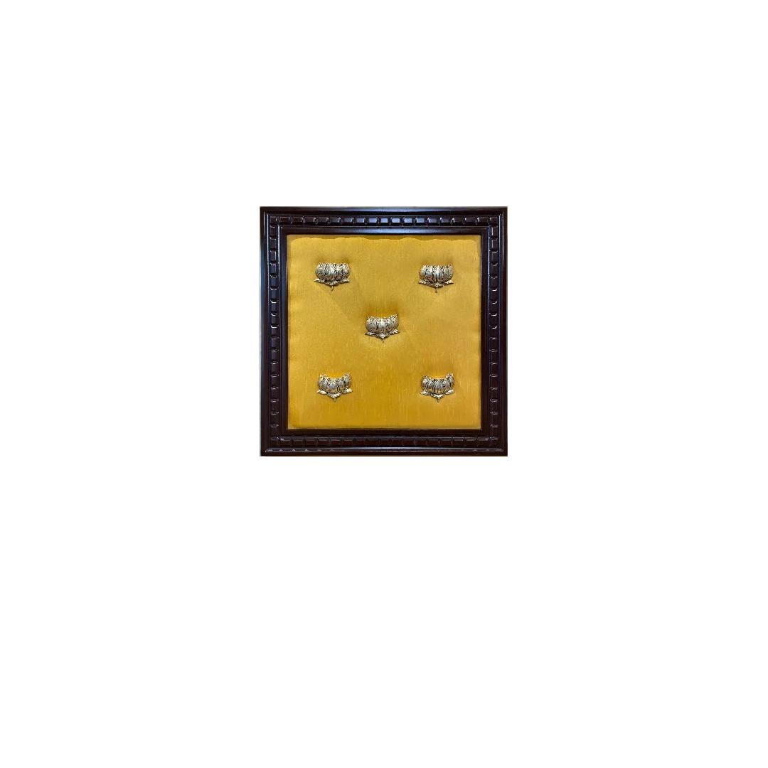Brass Lotus & Elephant Wall Art Set on Silk Backdrop | Handcrafted Wooden Frame Décor