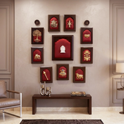 10 Auspicious Elements Wall Art Set with Kubera Center | Red Silk Backdrop Wooden Frame | Luxury Vastu Decor for Home Entrance & Living Room