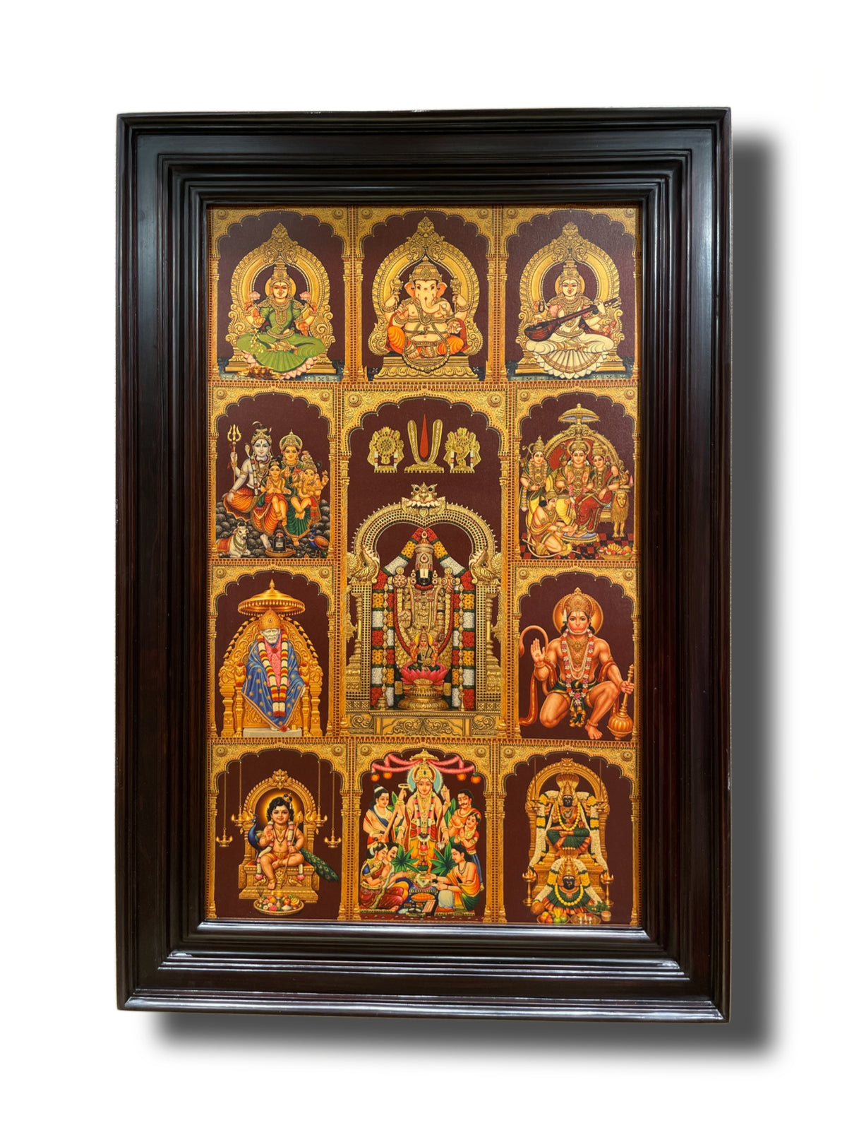 11 Gods in One Frame Gold Leaf Art | Premium Rosewood Frame | Luxury Pooja Room Wall Décor | Made by Estudio