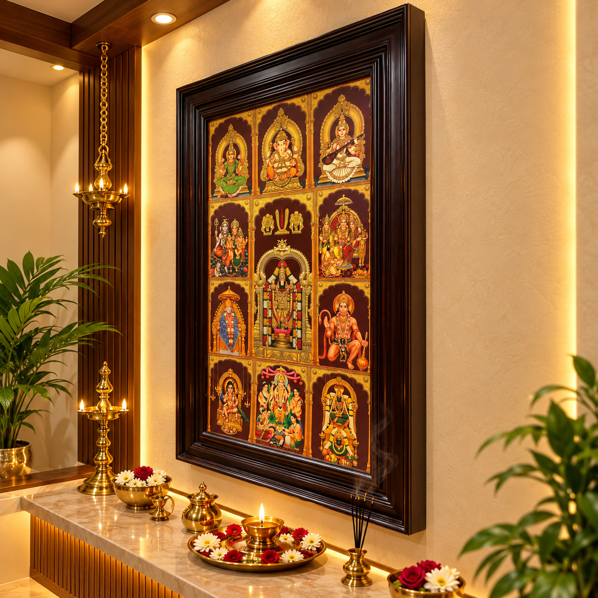 11 Gods in One Frame Gold Leaf Art | Premium Rosewood Frame | Luxury Pooja Room Wall Décor | Made by Estudio