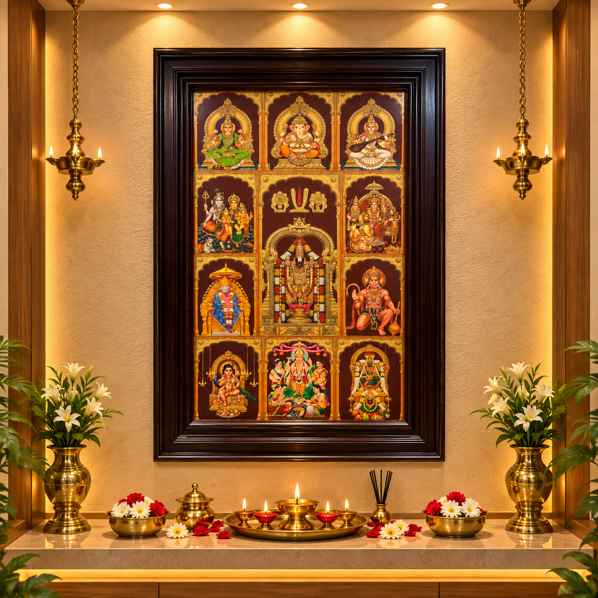 11 Gods in One Frame Gold Leaf Art | Premium Rosewood Frame | Luxury Pooja Room Wall Décor | Made by Estudio