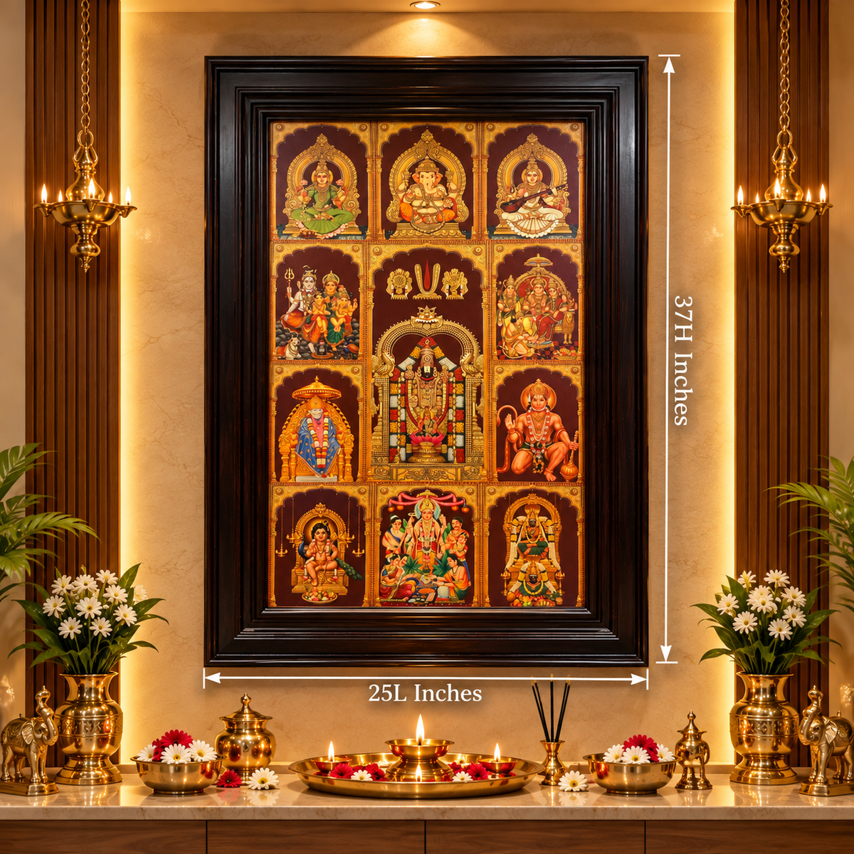 11 Gods in One Frame Gold Leaf Art | Premium Rosewood Frame | Luxury Pooja Room Wall Décor | Made by Estudio