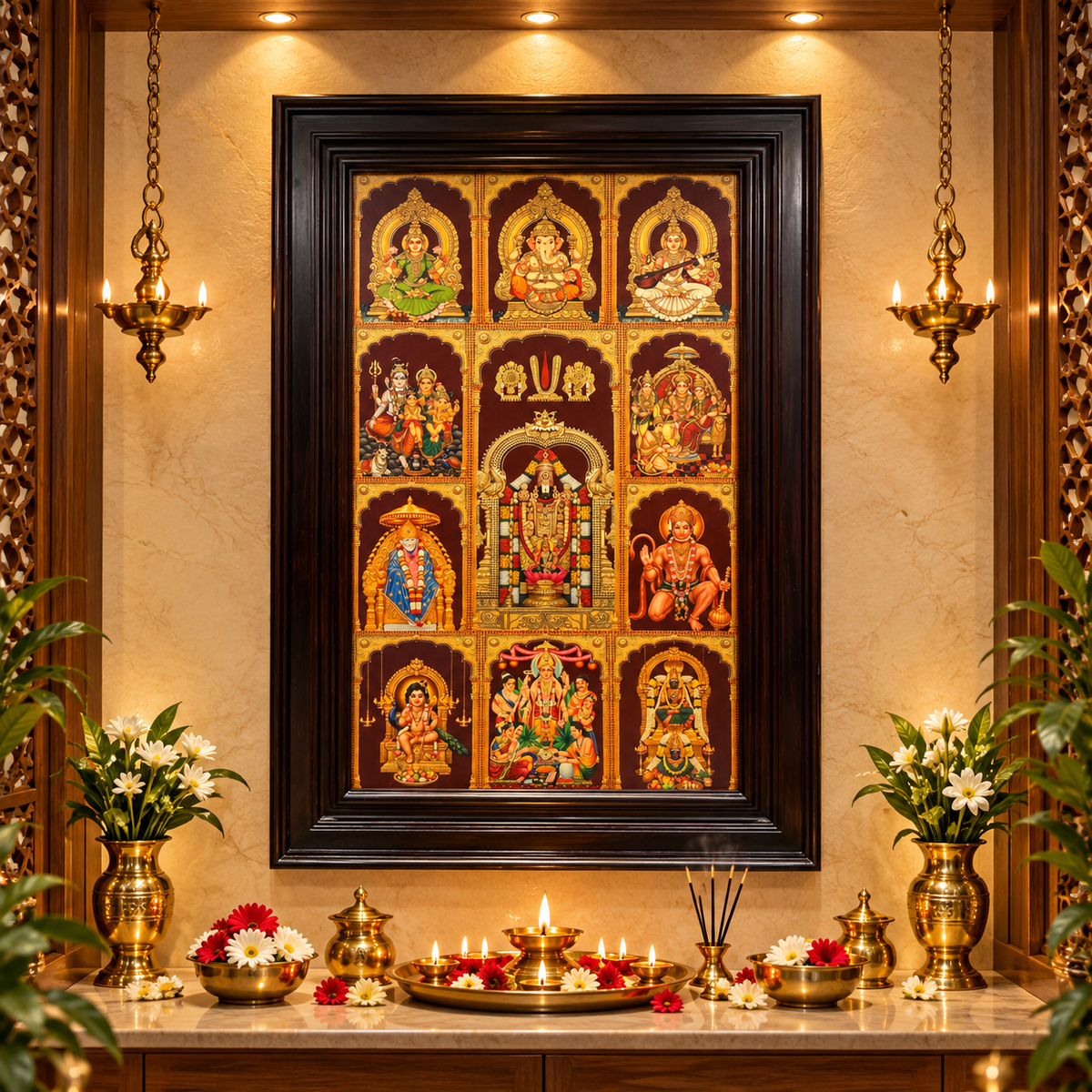 11 Gods in One Frame Gold Leaf Art | Premium Rosewood Frame | Luxury Pooja Room Wall Décor | Made by Estudio