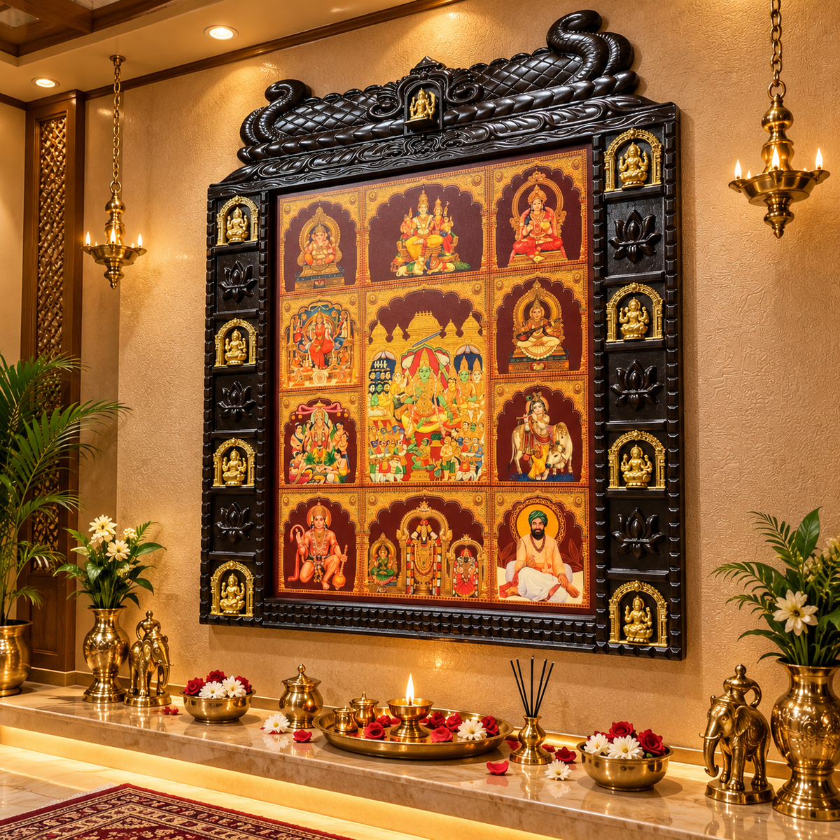 11 Gods in One Frame with 8 Ashtalakshmi | Premium Gold Leaf Art Temple Frame | Luxury Pooja Room Wall Decor – Made by Estudio
