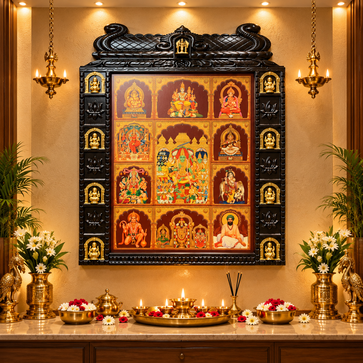 11 Gods in One Frame with 8 Ashtalakshmi | Premium Gold Leaf Art Temple Frame | Luxury Pooja Room Wall Decor – Made by Estudio