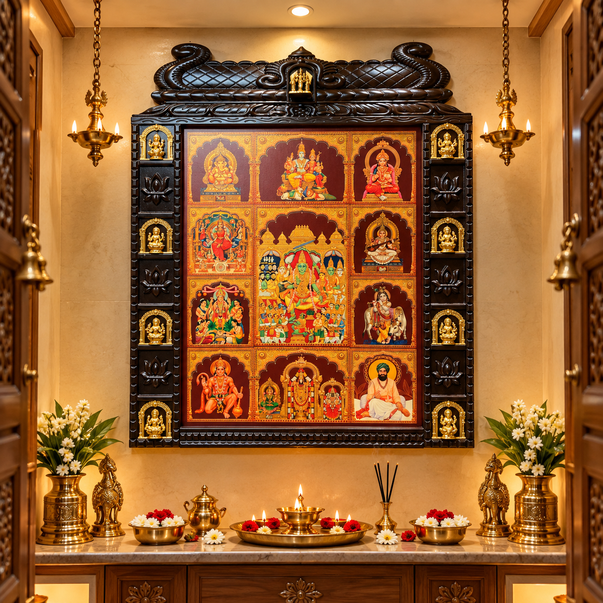11 Gods in One Frame with 8 Ashtalakshmi | Premium Gold Leaf Art Temple Frame | Luxury Pooja Room Wall Decor – Made by Estudio