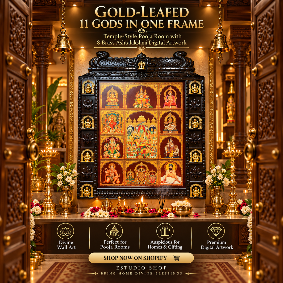 11 Gods in One Frame with 8 Ashtalakshmi | Premium Gold Leaf Art Temple Frame | Luxury Pooja Room Wall Decor – Made by Estudio