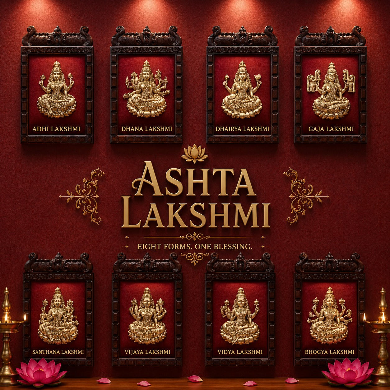 Brass Ashtalakshmi on Maroon Red Silk with 8 Sacred Elements in Temple Wooden Frame-2