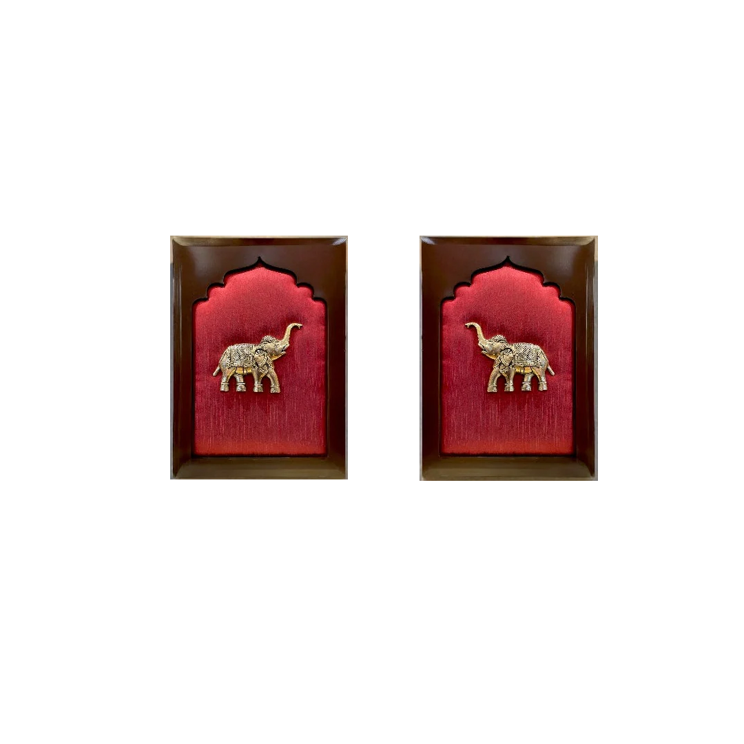 Brass Lotus & Elephant Wall Art Set on Silk Backdrop | Handcrafted Wooden Frame Décor