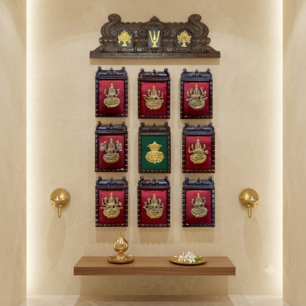 Ashta Lakshmi Brass Wall Art Set with Wooden Frames  | Luxury Pooja Room Wall Decor | Estudio