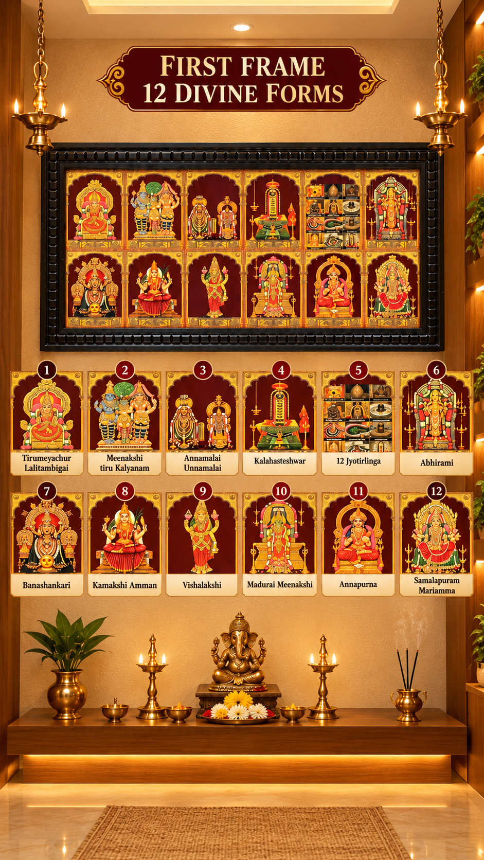36 Gods in 3 Frames | Premium Gold Leaf Divine Artwork | Temple Style Waterproof Engineered Wooden Frames | Made by Estudio