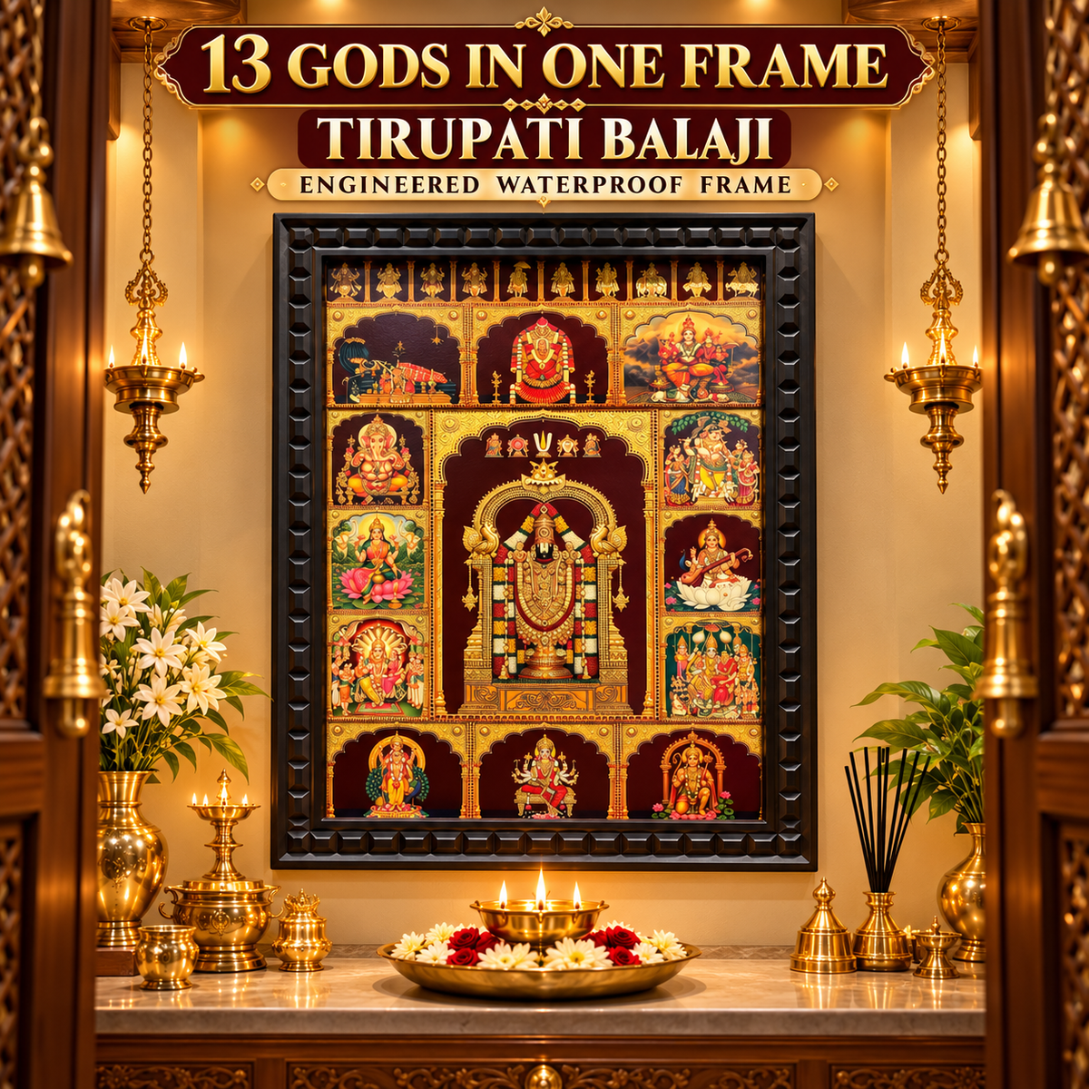 13 Gods in One Frame – Tirupati Balaji Gold Leaf Artwork | Engineered Waterproof Wooden Frame | Made by Estudio
