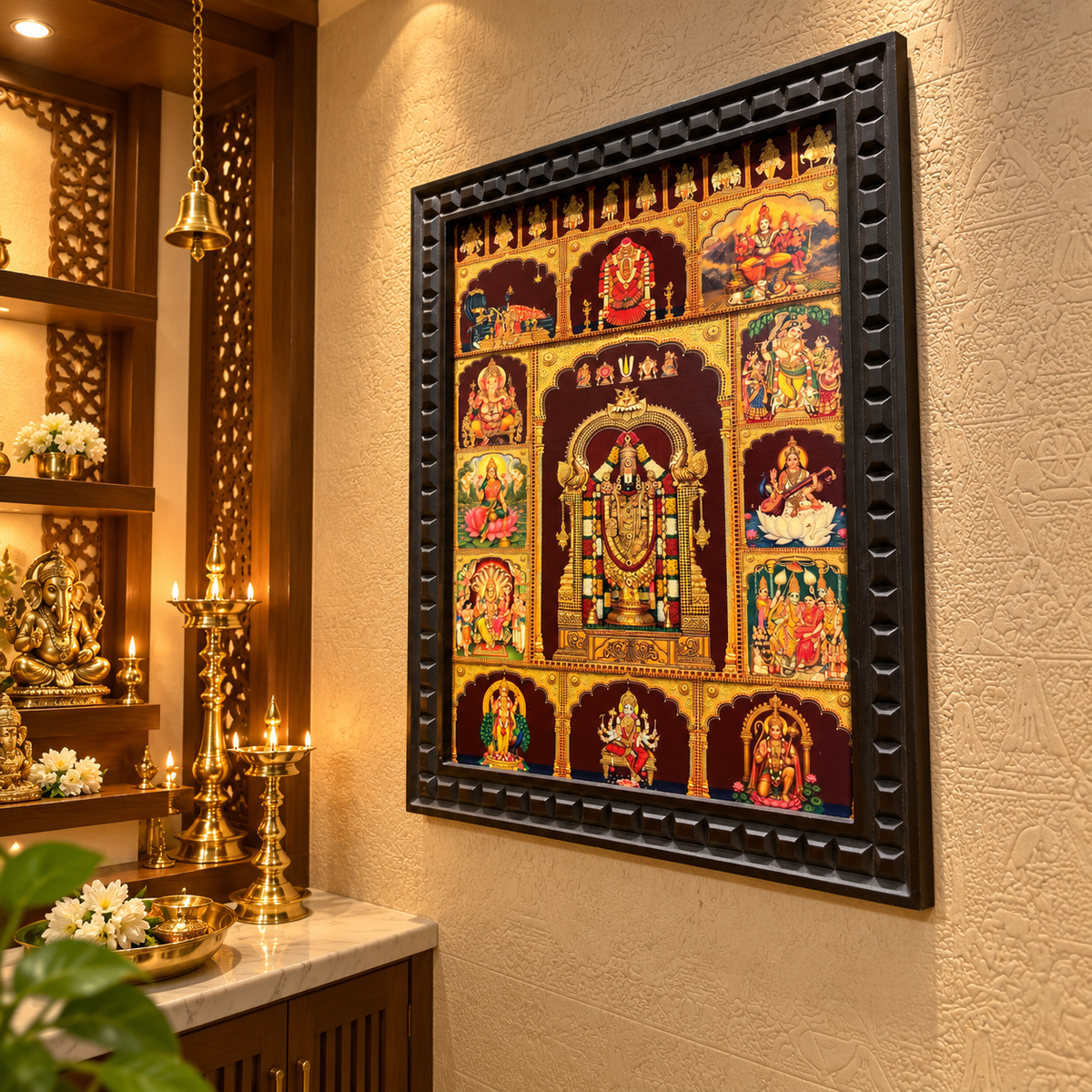 13 Gods in One Frame – Tirupati Balaji Gold Leaf Artwork | Engineered Waterproof Wooden Frame | Made by Estudio