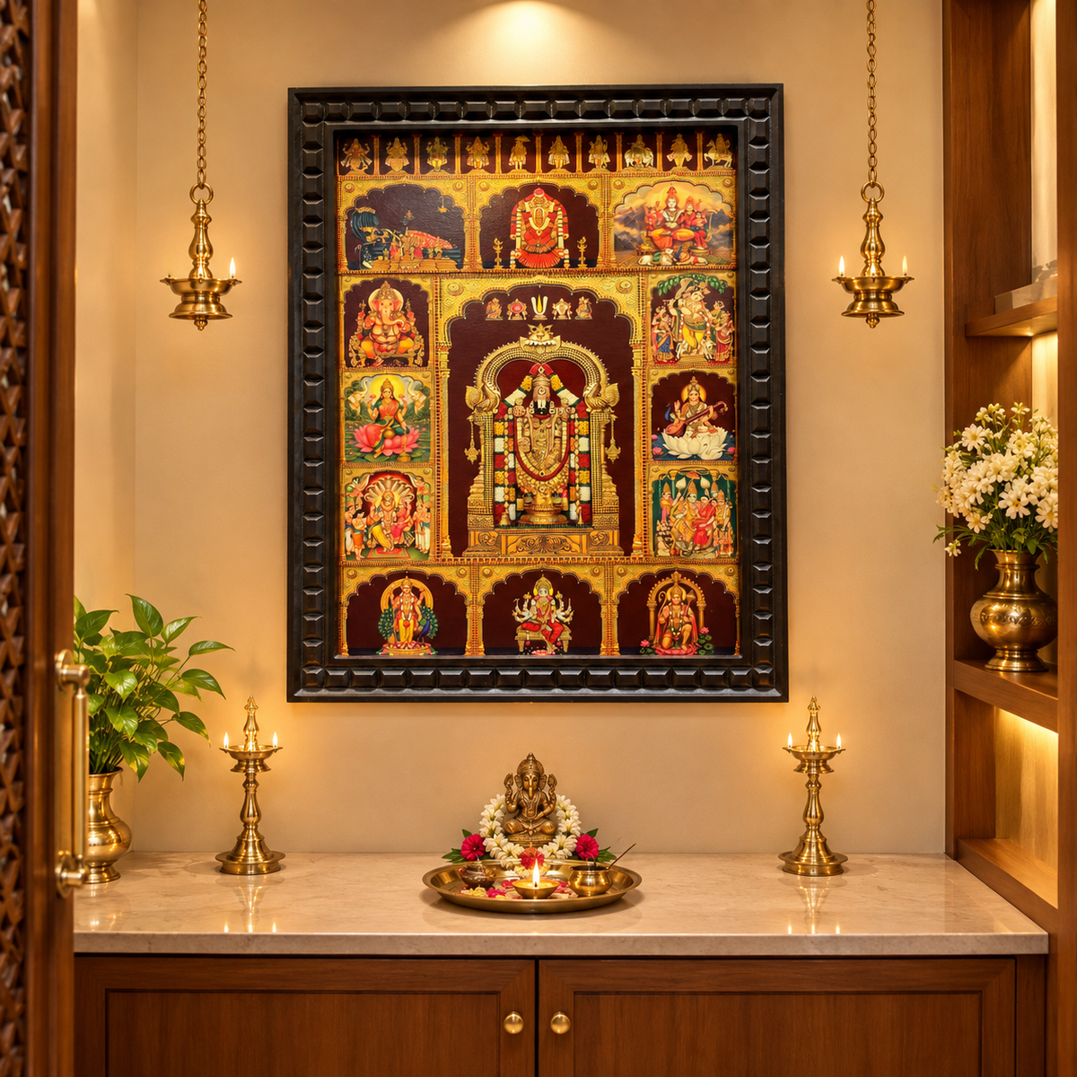 13 Gods in One Frame – Tirupati Balaji Gold Leaf Artwork | Engineered Waterproof Wooden Frame | Made by Estudio