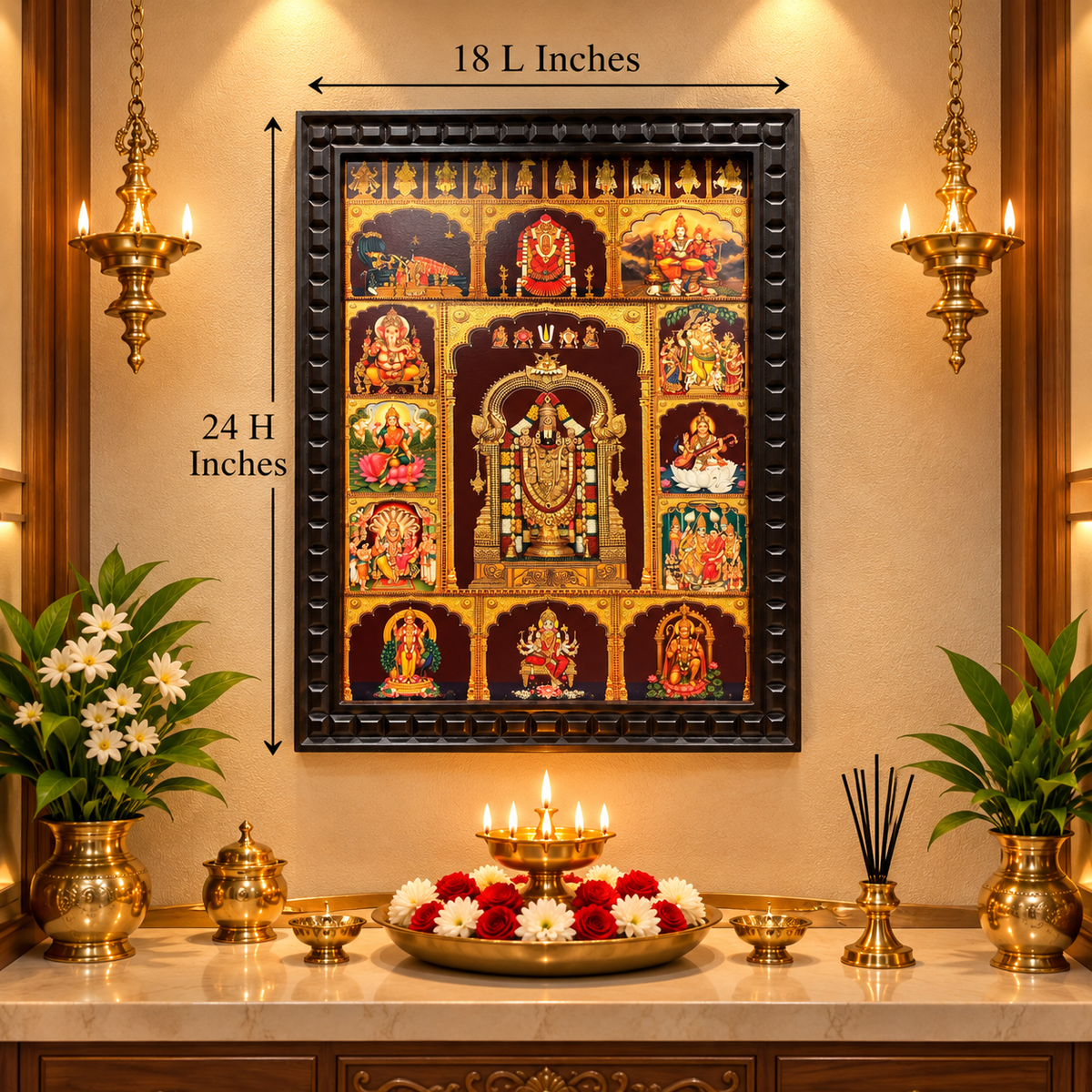 13 Gods in One Frame – Tirupati Balaji Gold Leaf Artwork | Engineered Waterproof Wooden Frame | Made by Estudio
