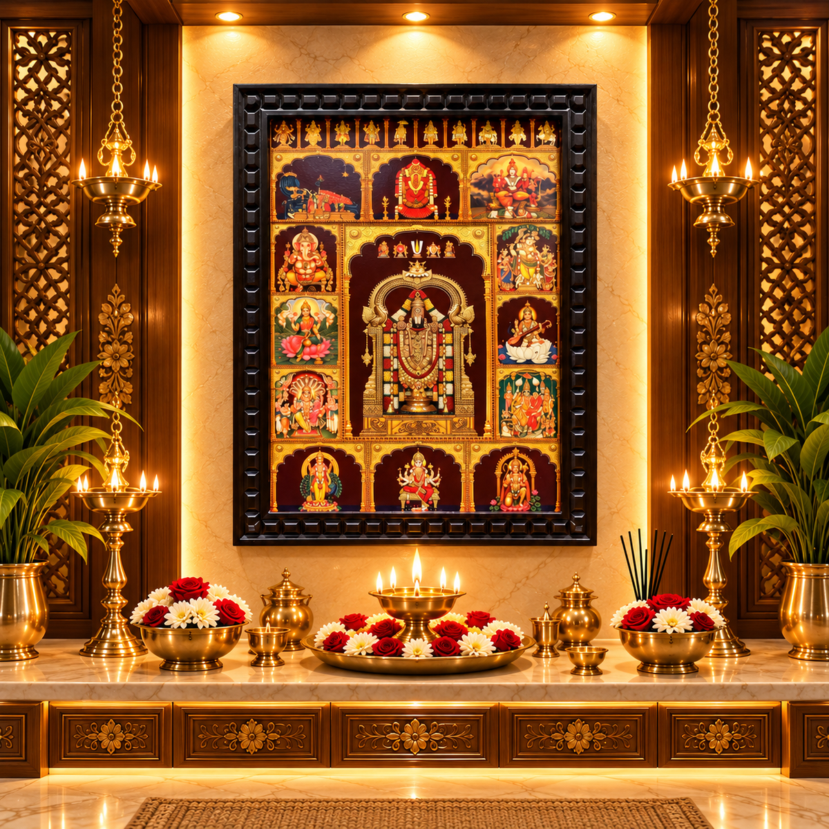 13 Gods in One Frame – Tirupati Balaji Gold Leaf Artwork | Engineered Waterproof Wooden Frame | Made by Estudio