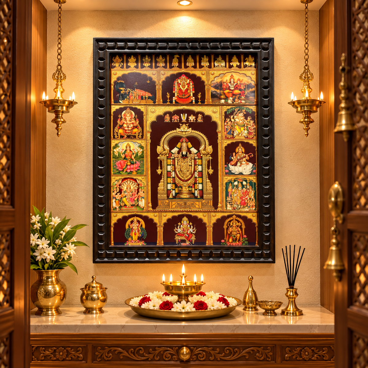 13 Gods in One Frame – Tirupati Balaji Gold Leaf Artwork | Engineered Waterproof Wooden Frame | Made by Estudio