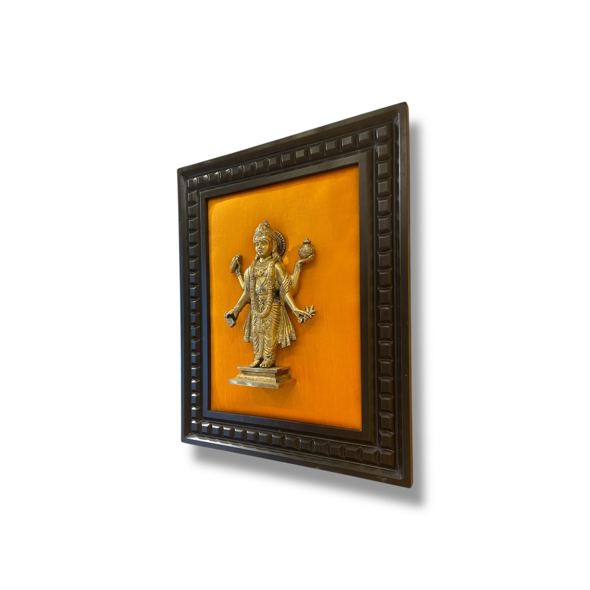 Brass Dhanvanthri on Golden Silk in Wooden Frame