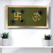 Brass Swastik & Om with Peacock Feathers on Green Silk in Antique Gold Frame