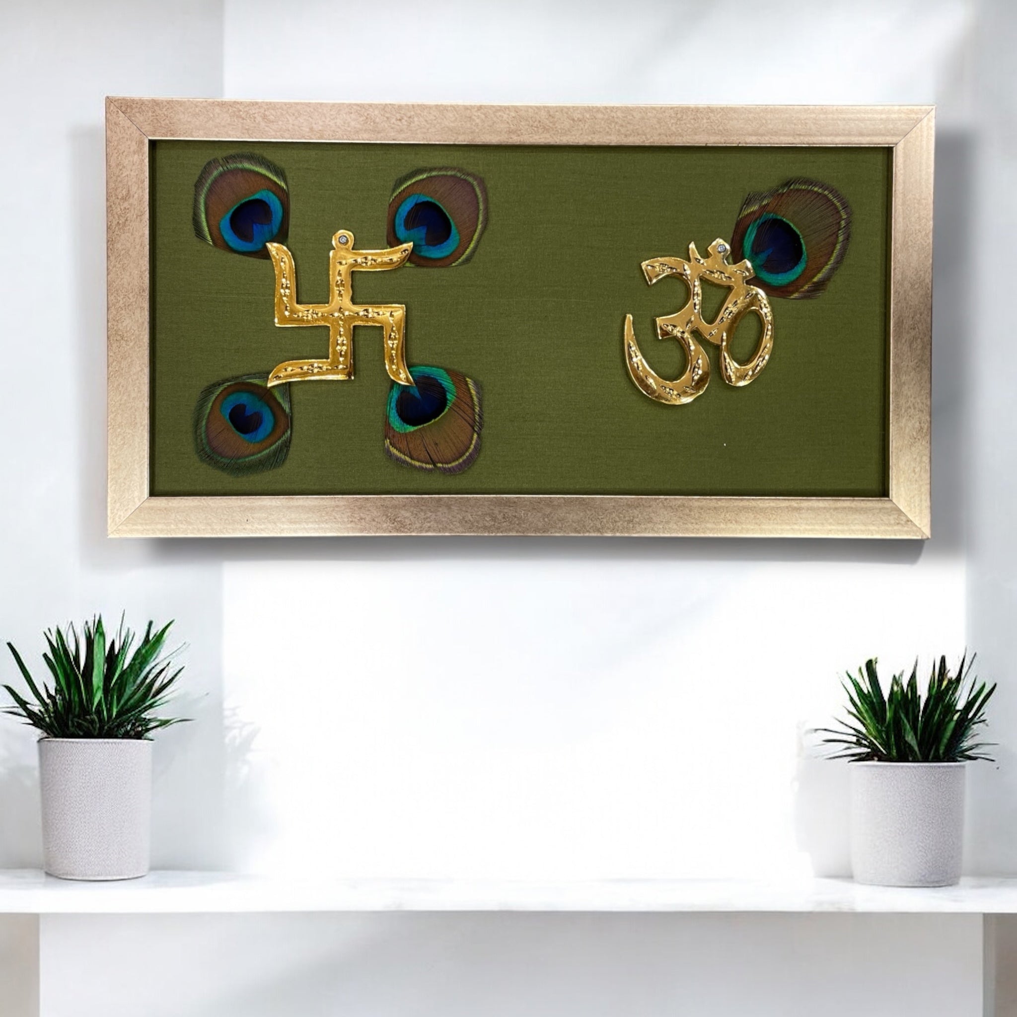 Brass Swastik & Om with Peacock Feathers on Green Silk in Antique Gold Frame