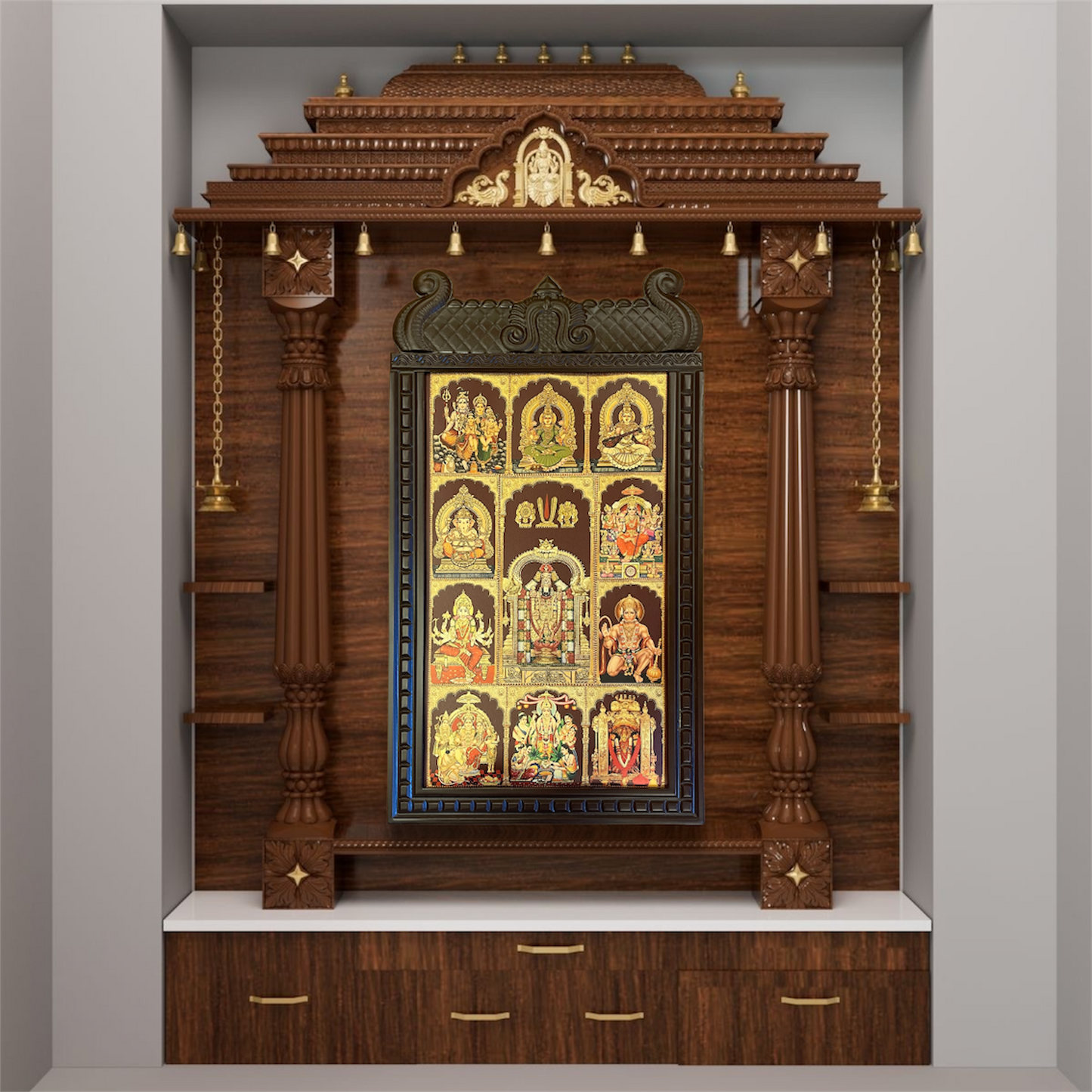 Gold-Leafed 11 Gods in One Frame – Tirupati Balaji, Shiva Parivaar, Lakshmi, Saraswati, Temple-Style Pooja Room Digital Artwork