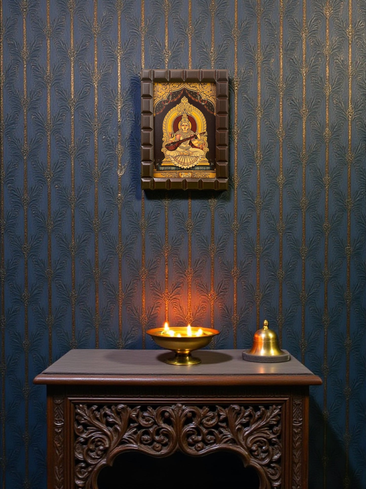 Goddess Saraswati Gold Leafed Art With Wooden Frame