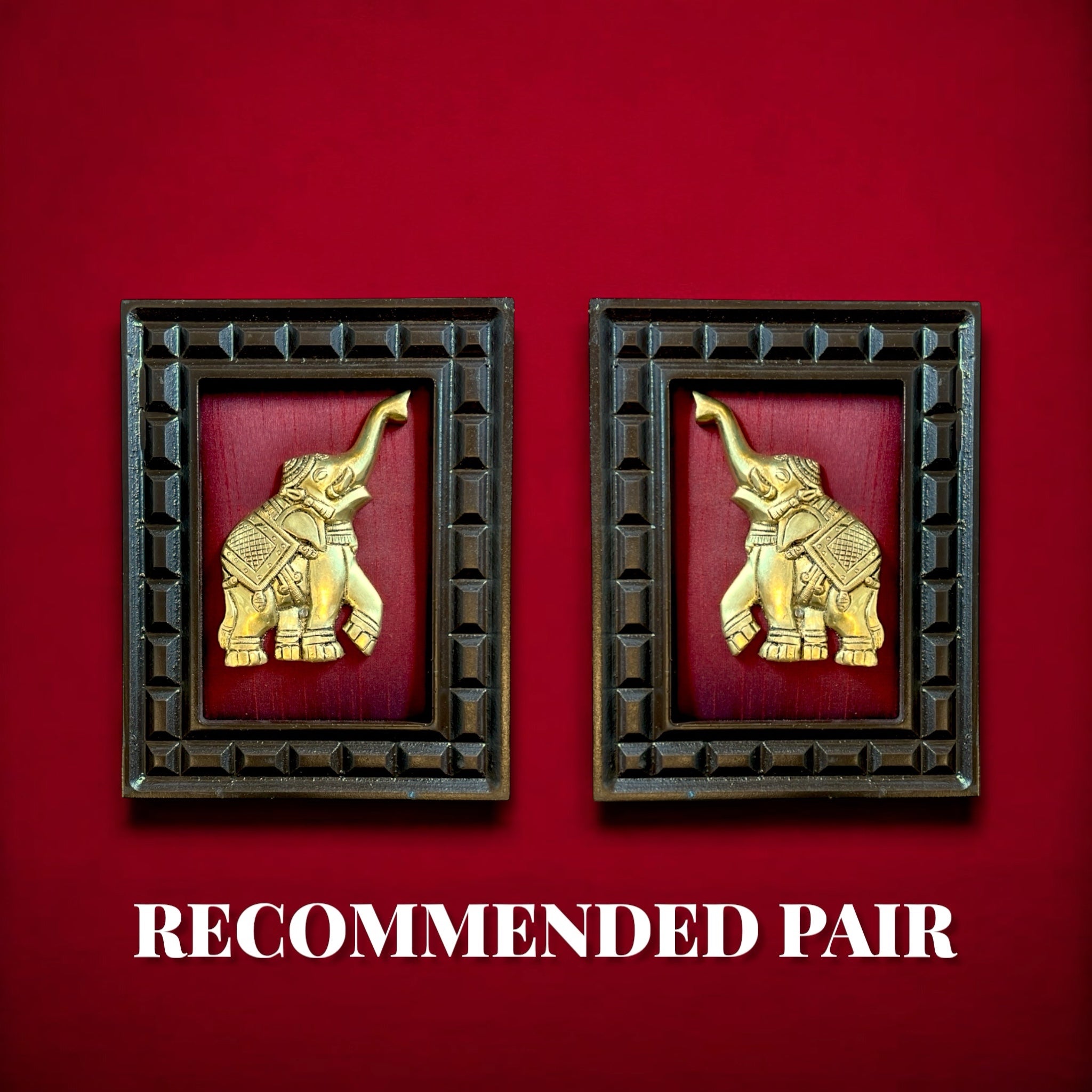 Brass Elephant on wine Red Silk in Wooden Frame