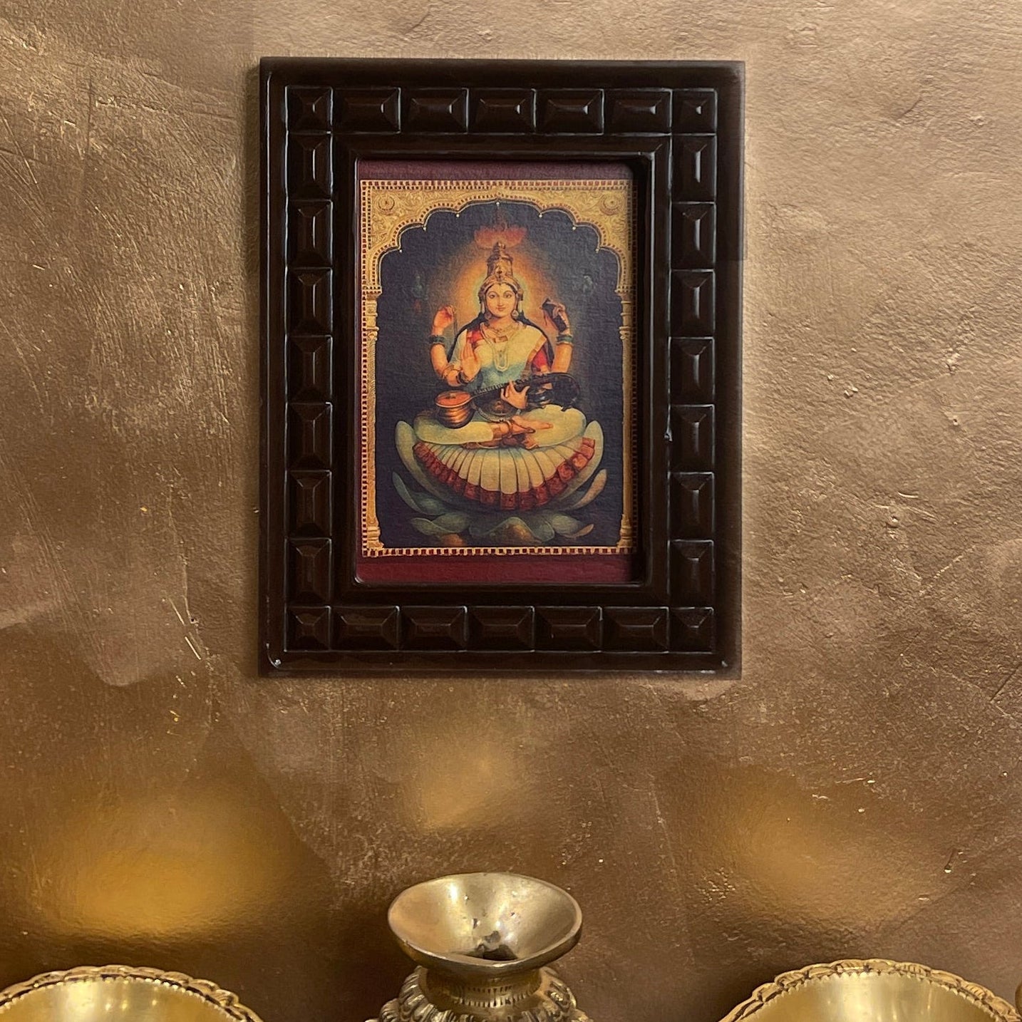 Saraswati White & Red Saree Gold Leafed Art With Wooden Frame