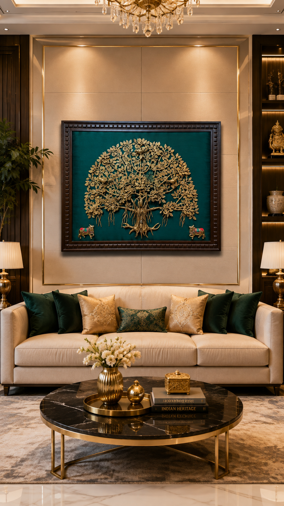 Brass Kalpavriksha with Kamadhenu | Luxury Wall Art with Engineered Wood Frame